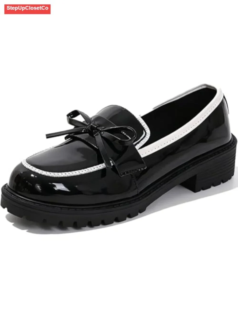 Patent Leather Bow Loafers Chunky Heel Lug Sole Round Toe Slip-On Work Shoes